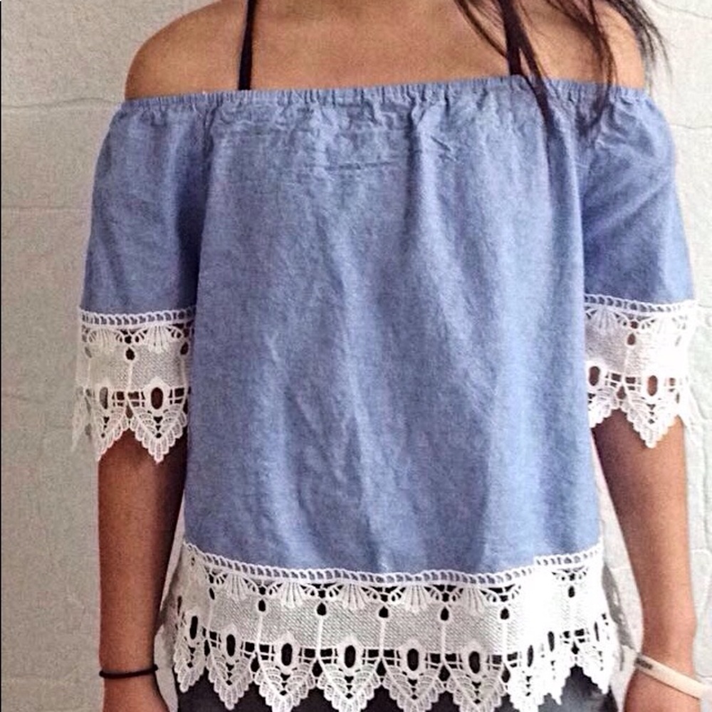 Blue Chambray Off the Shoulder Lace Top